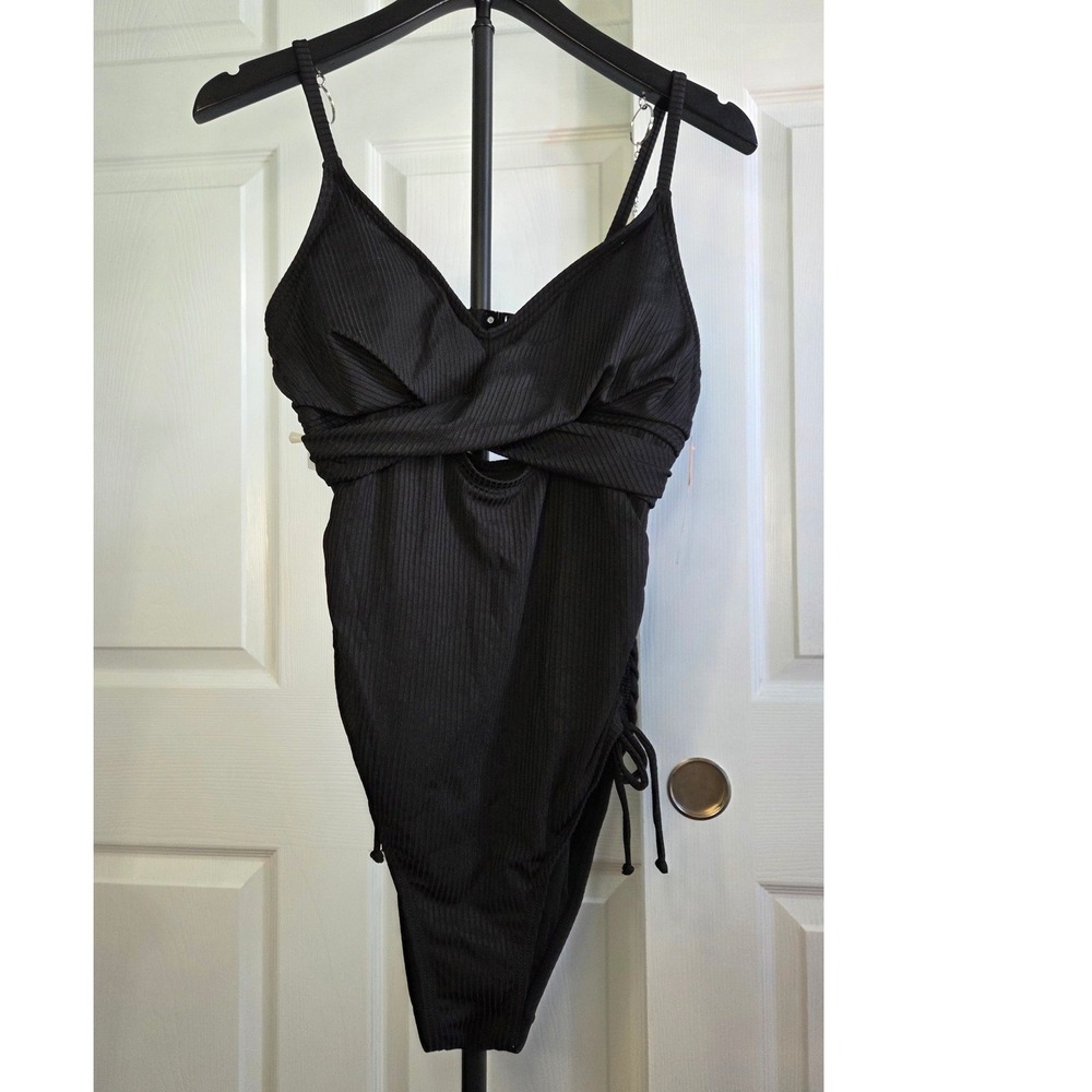 Charmo Black Ribbed Wrap One Piece Swimsuit UPF 50+ Tie Side Ruched Monokini M